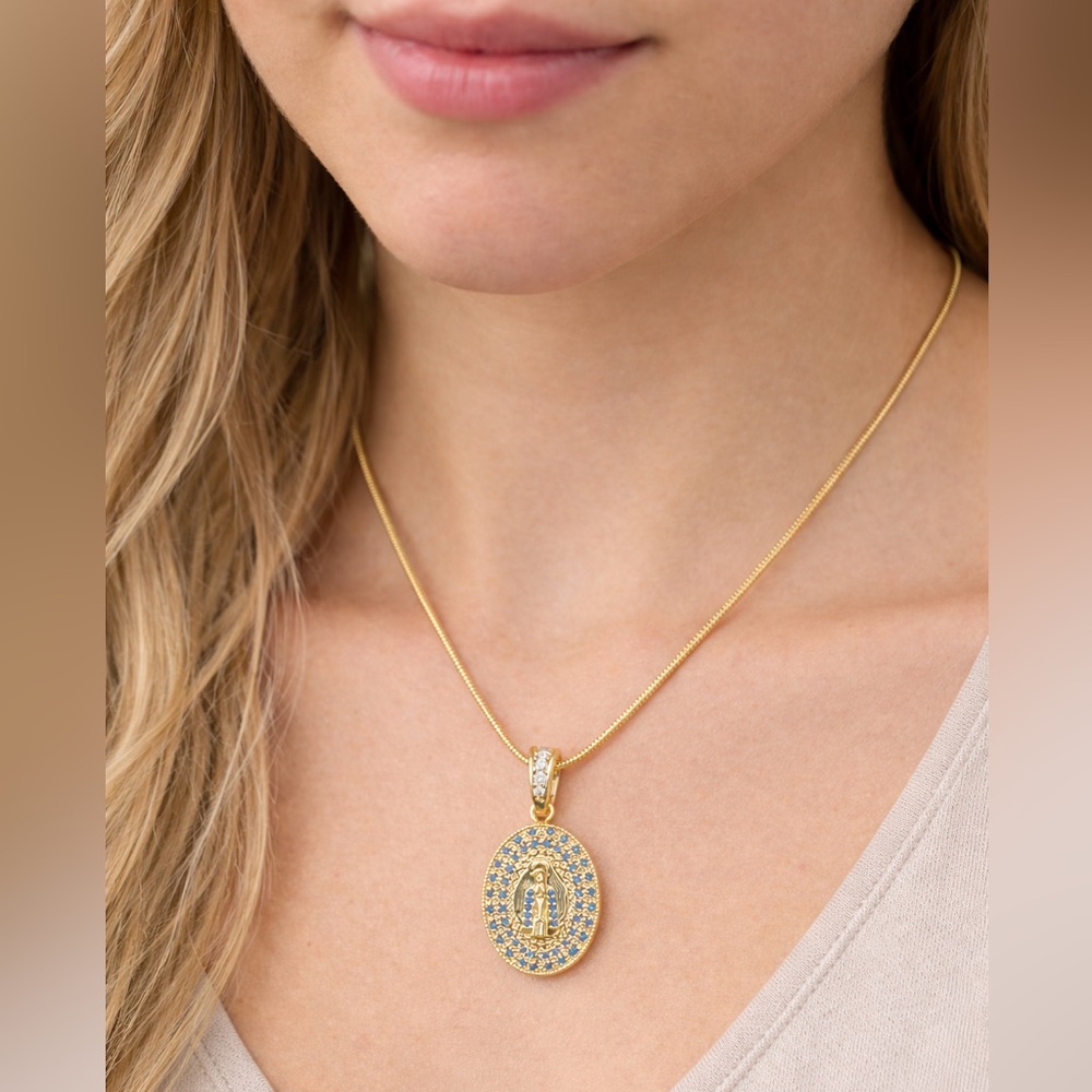 Gold Tone Virgin Mary Medallion Necklace Blue Stone Halo 18” Chain Stainless